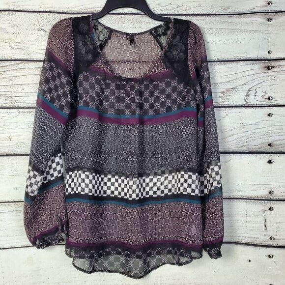 Maurices Women’s Boho Sheer Blouse Size M Long Sleeve Lace Yoke Mixed Print Peas - Picture 1 of 9
